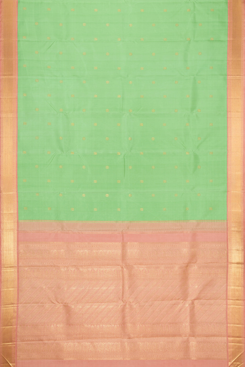 Flat view of Light Green Dual Tone Kanjivaram Silk Saree with Zari Butta on the body and Zari Border. 