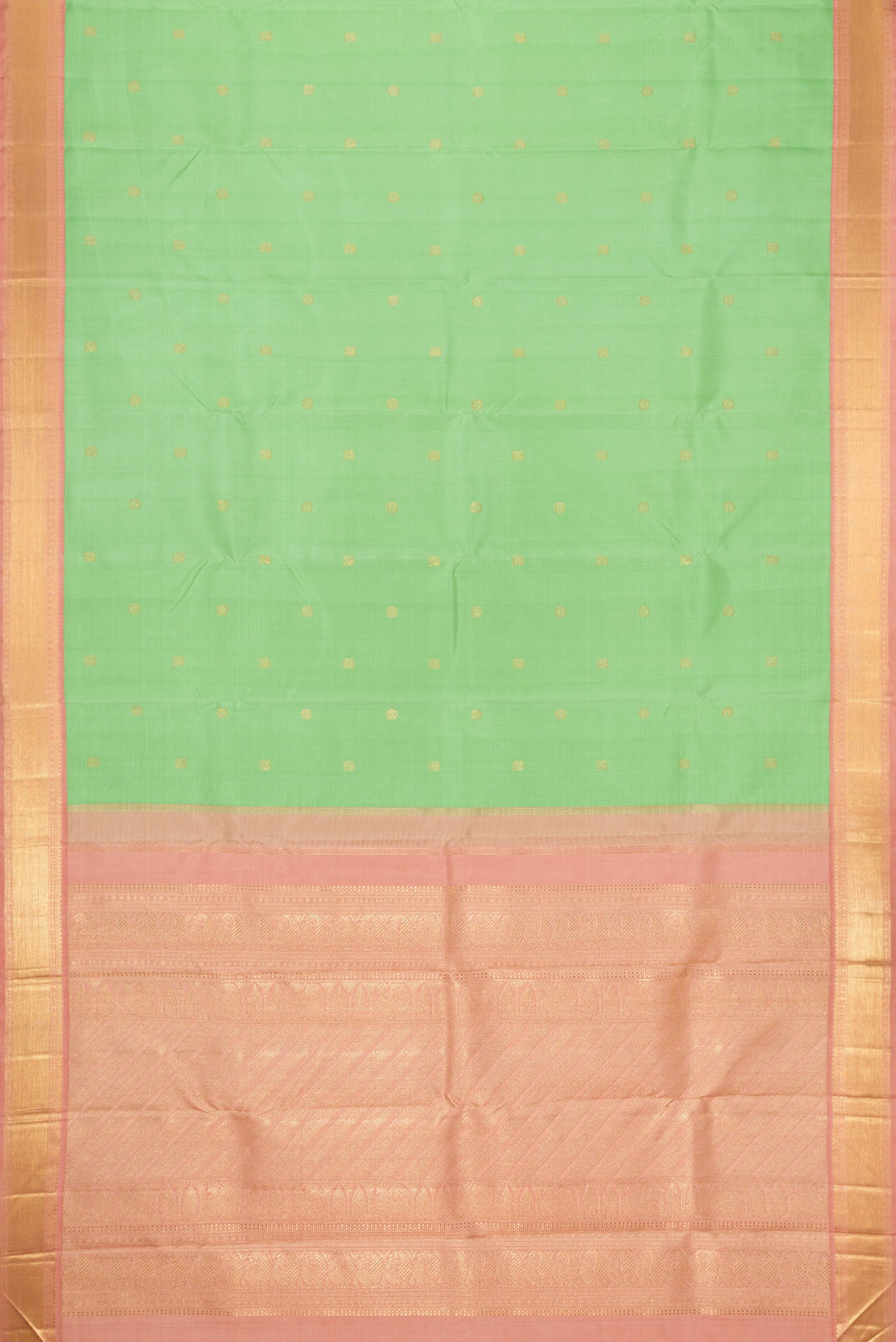 Flat view of Light Green Dual Tone Kanjivaram Silk Saree with Zari Butta on the body and Zari Border. 
