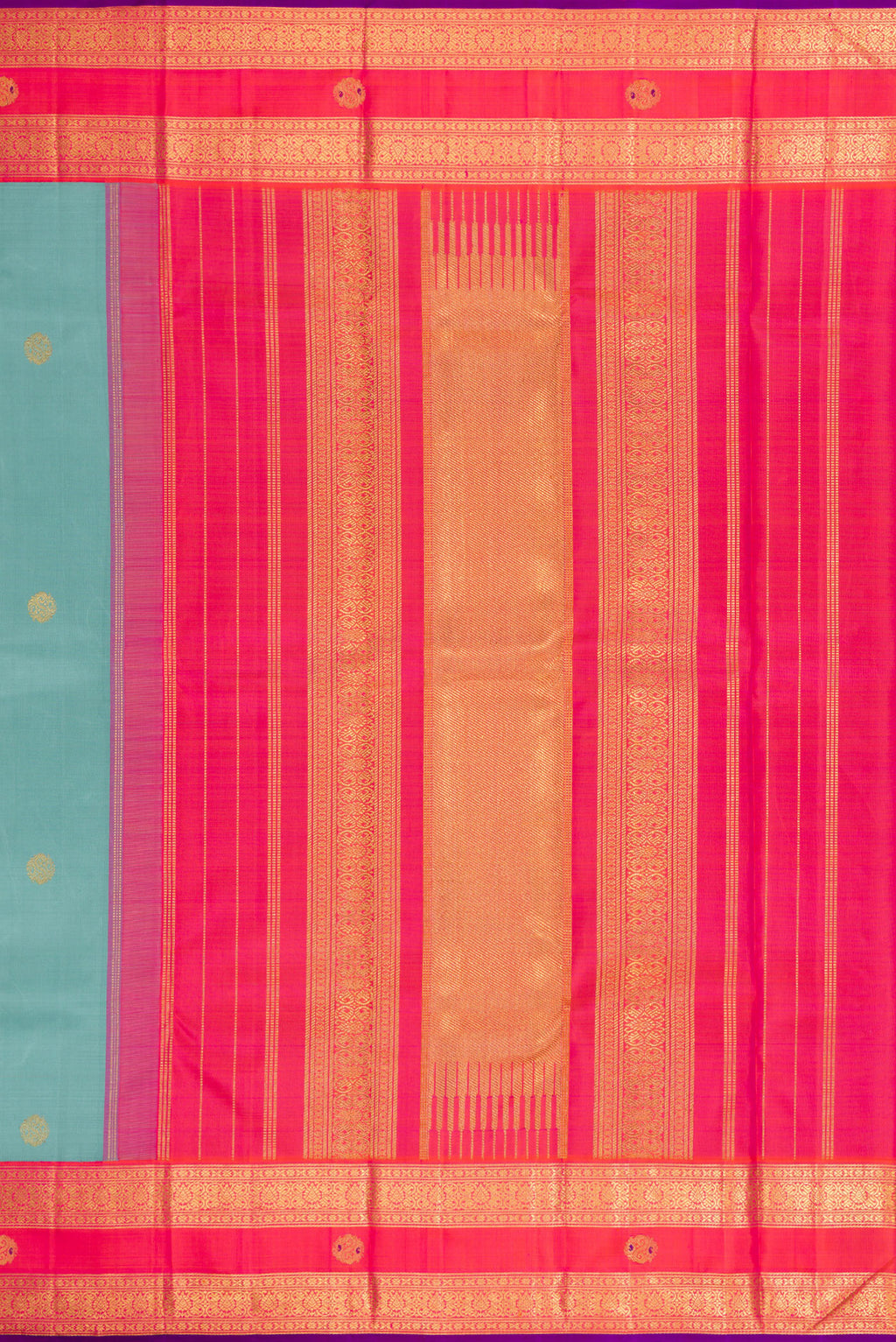 Close up image of the pallu of Pure Silk Pure Zari Sky Blue Dual Tone Kanjivaram Saree with Zari Butta on the body and Zari Border. 