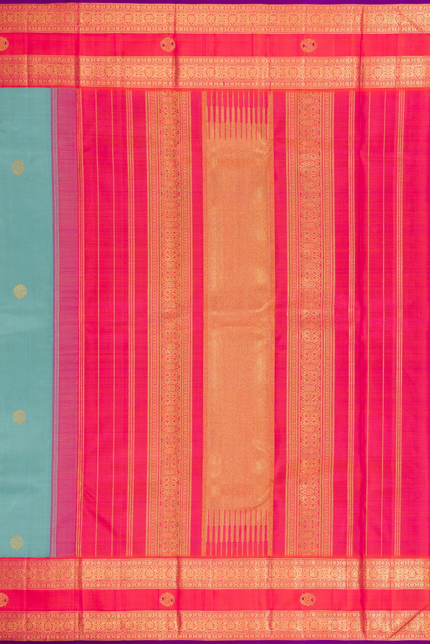 Close up image of the pallu of Pure Silk Pure Zari Sky Blue Dual Tone Kanjivaram Saree with Zari Butta on the body and Zari Border. 