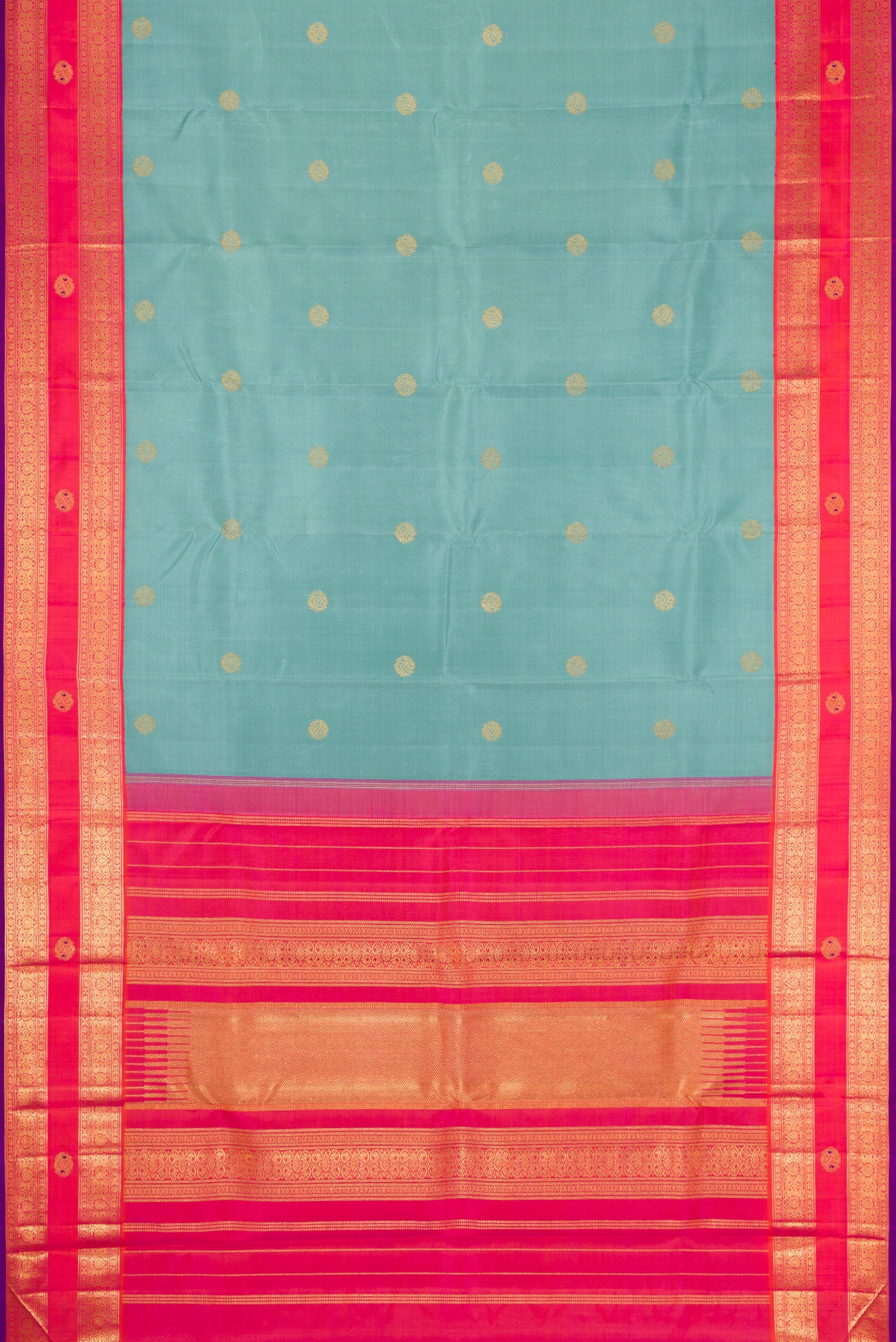 Flat view of Pure Silk Pure Zari Sky Blue Dual Tone Kanjivaram Saree with Zari Butta on the body and Zari Border. 
