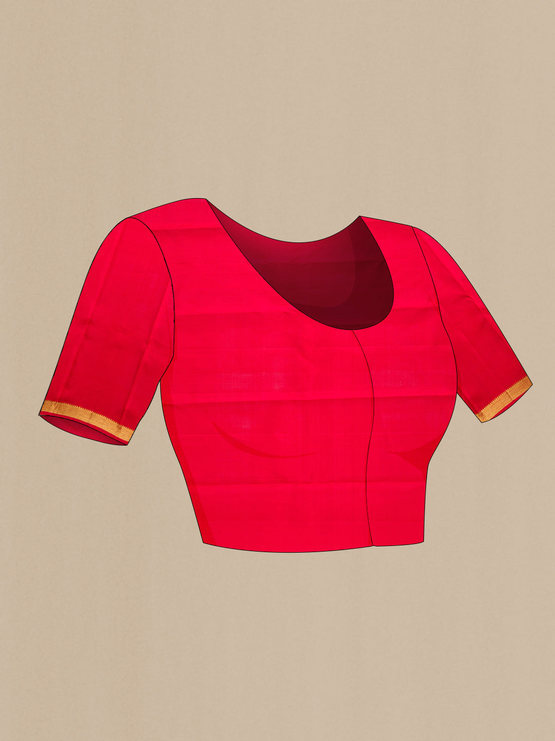 Close up image of the blouse of Red Dual Tone Kanjivaram Silk Saree with Zari Butta on the body and Zari Border. 