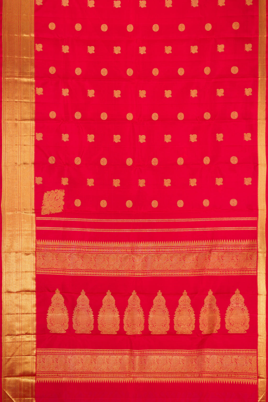 Flat view of Red Dual Tone Kanjivaram Silk Saree with Zari Butta on the body and Zari Border. 