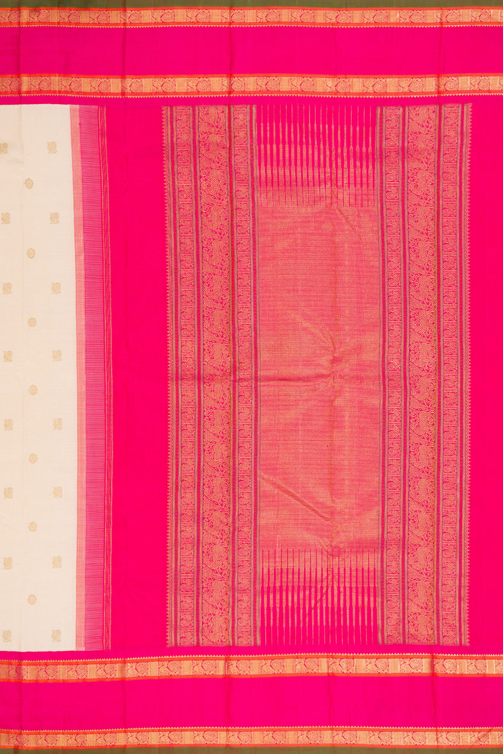 Close up image of the pallu of Pure Silk Pure Zari Off White Dual Tone Kanjivaram Saree with Zari Butta on the body and Zari Border. 
