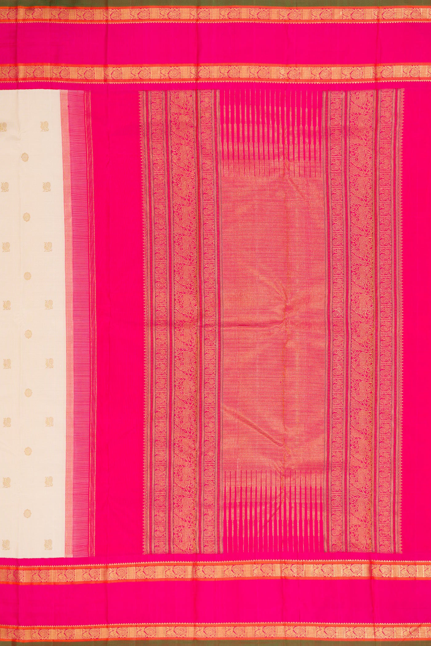 Close up image of the pallu of Pure Silk Pure Zari Off White Dual Tone Kanjivaram Saree with Zari Butta on the body and Zari Border. 