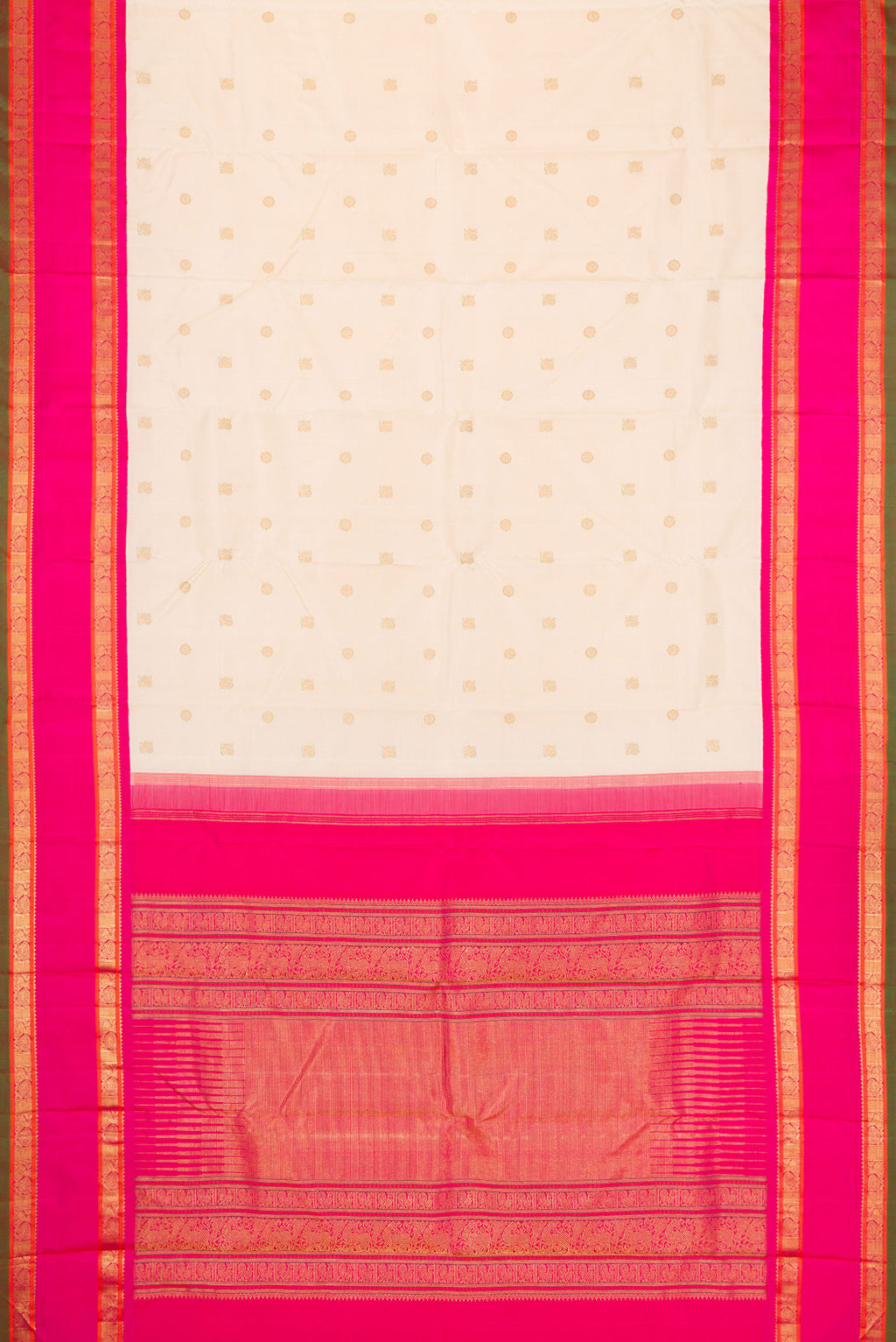 Flat view of Pure Silk Pure Zari Off White Dual Tone Kanjivaram Saree with Zari Butta on the body and Zari Border. 