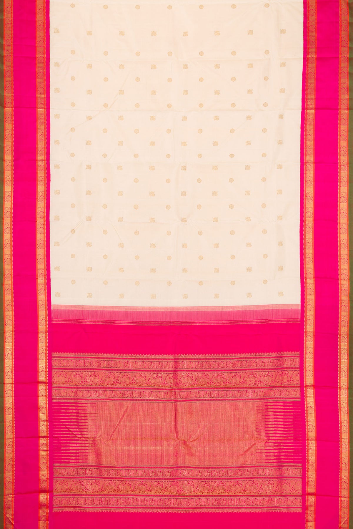 Flat view of Pure Silk Pure Zari Off White Dual Tone Kanjivaram Saree with Zari Butta on the body and Zari Border. 
