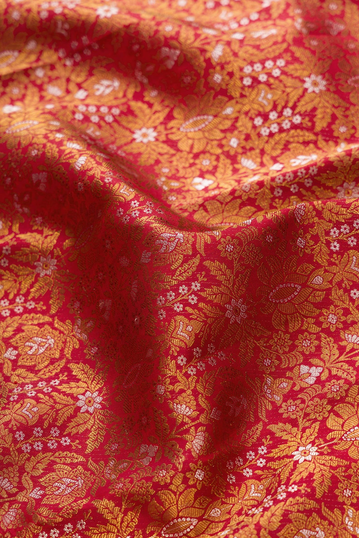 Close up of Red Dual Tone Kanjivaram Silk Saree with Zari Brocade on the body and Zari Border.  displaying folds