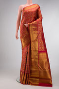 Red Dual Tone Kanjivaram Silk Saree with Zari Brocade on the body and Zari Border.  displayed on a mannequin