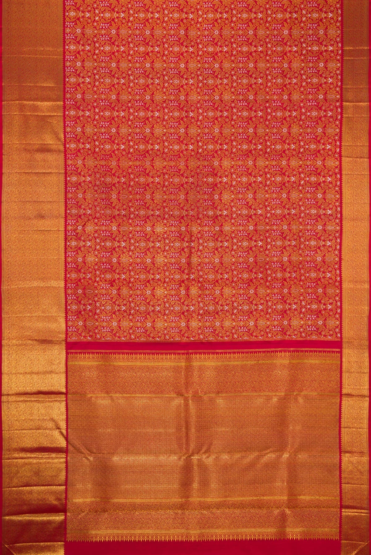 Flat view of Red Dual Tone Kanjivaram Silk Saree with Zari Brocade on the body and Zari Border. 