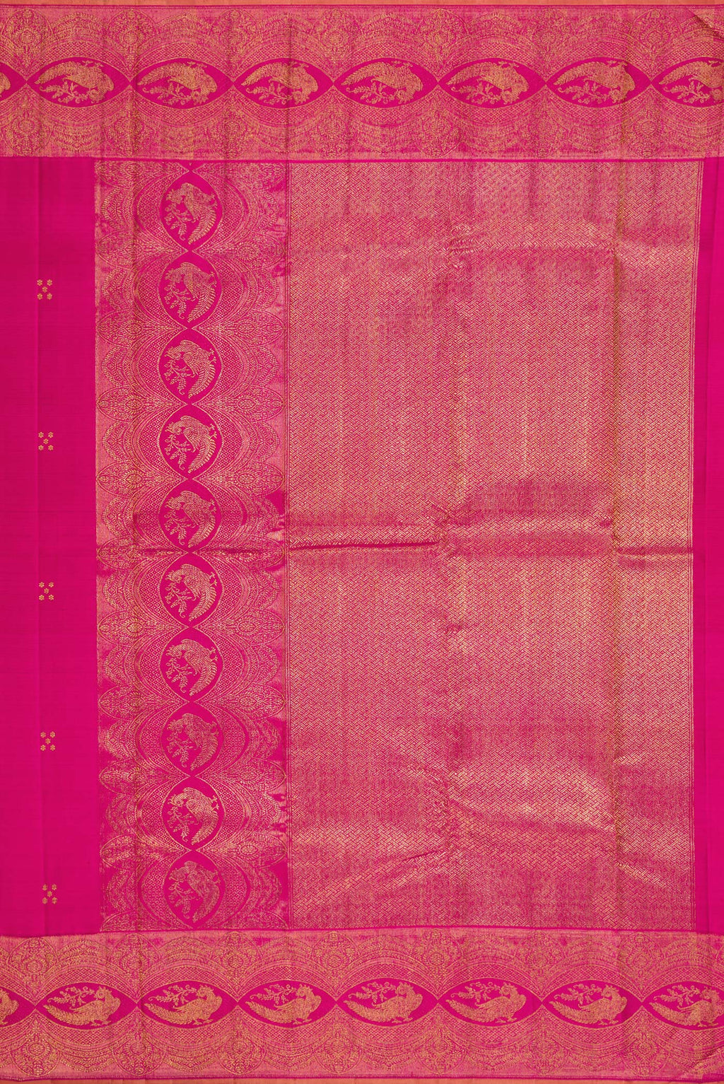 Close up image of the pallu of Pure Silk Pure Zari Pink Dual Tone Kanchipuram Saree with Zari Butta on the body and Fancy Border. 