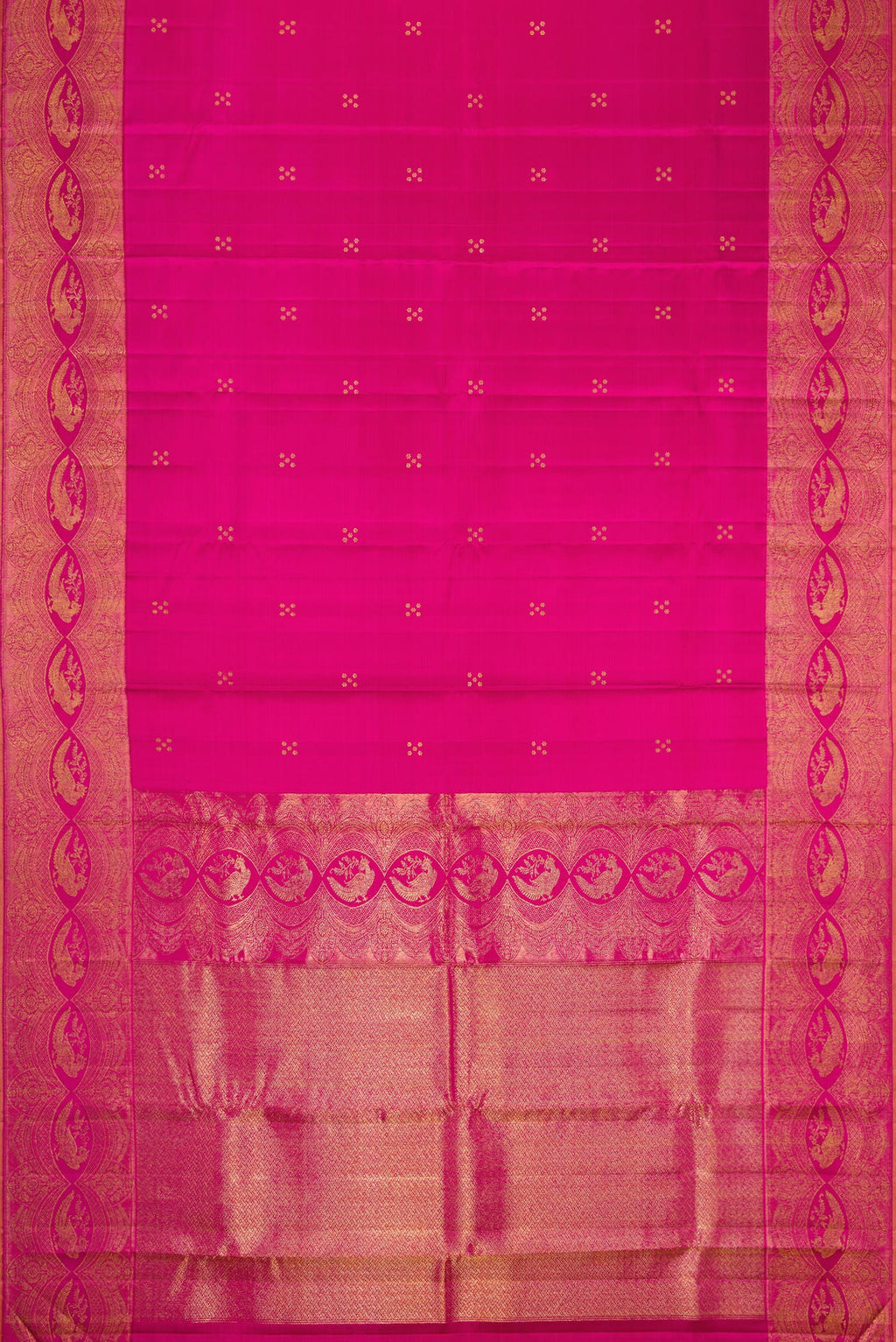 Flat view of Pure Silk Pure Zari Pink Dual Tone Kanchipuram Saree with Zari Butta on the body and Fancy Border. 