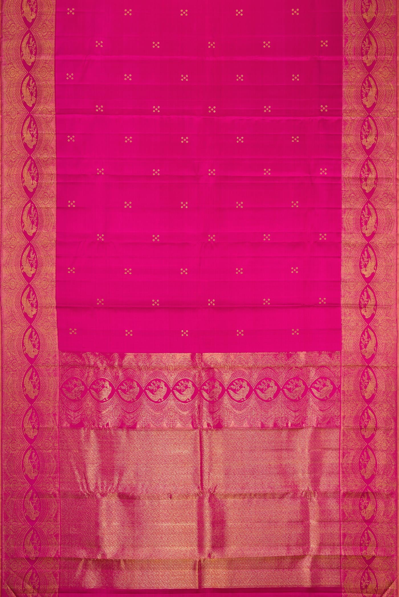 Flat view of Pure Silk Pure Zari Pink Dual Tone Kanchipuram Saree with Zari Butta on the body and Fancy Border. 