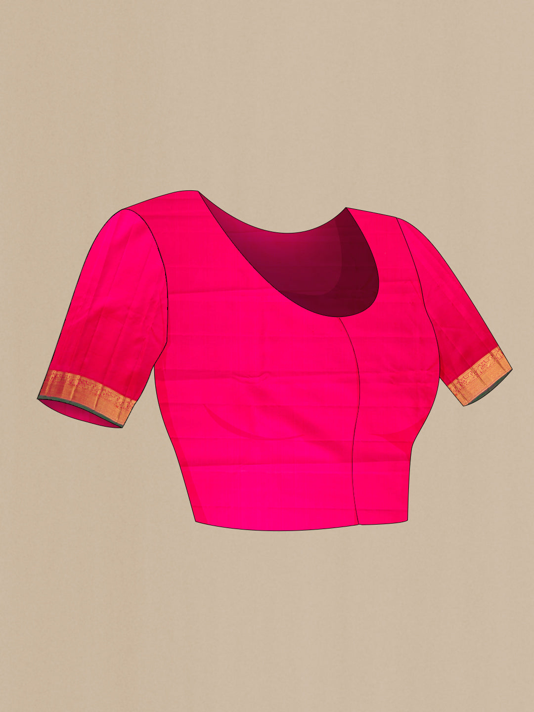 Close up image of the blouse of Pure Silk Pure Zari Pink Dual Tone Kanjivaram Saree with Zari Butta on the body and Zari Border. 