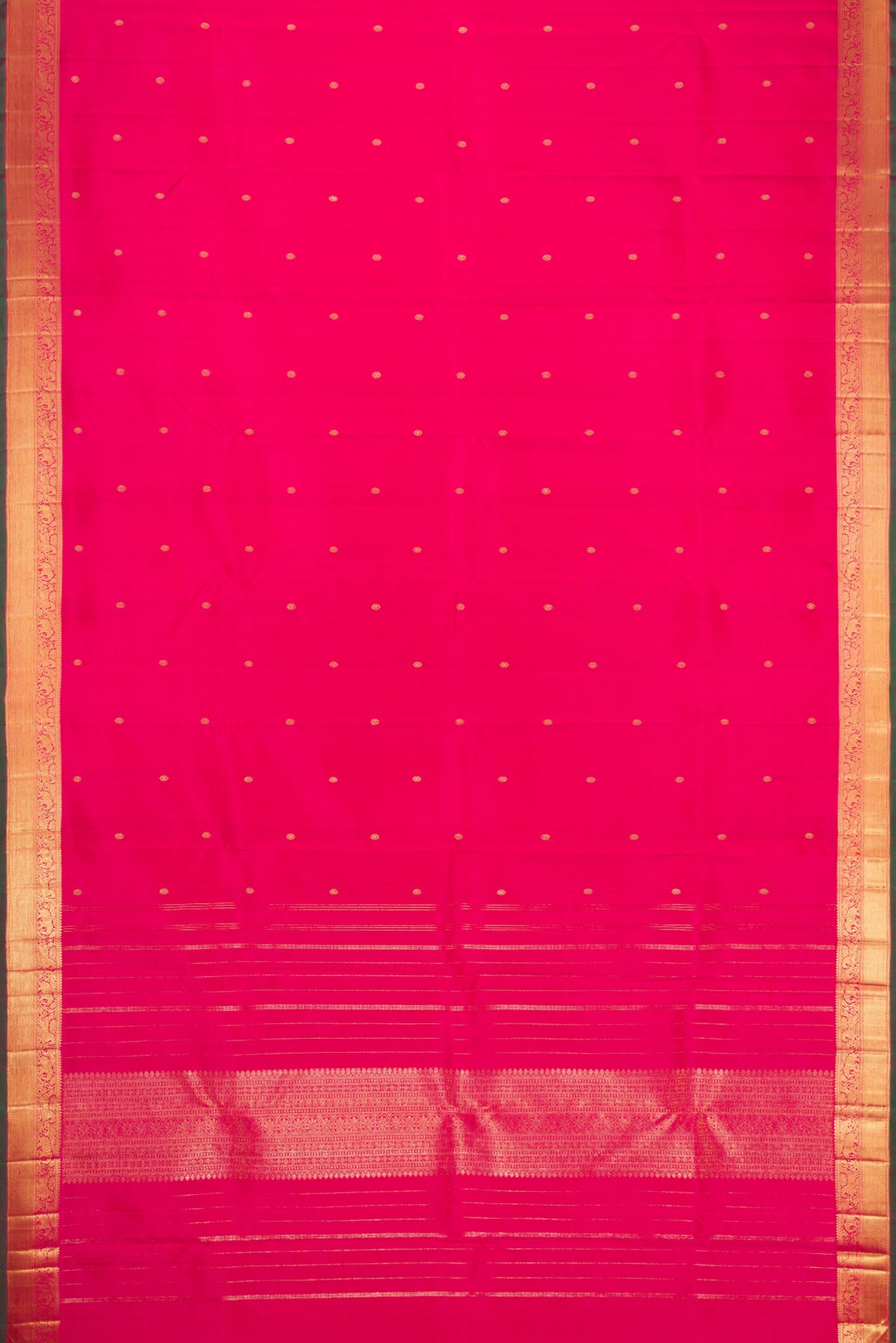 Flat view of Pure Silk Pure Zari Pink Dual Tone Kanjivaram Saree with Zari Butta on the body and Zari Border. 