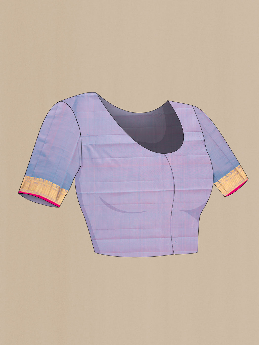 Close up image of the blouse of Pure Silk Pure Zari Pink Dual Tone Kanjivaram Saree with Checked design on the body and Zari Border. 
