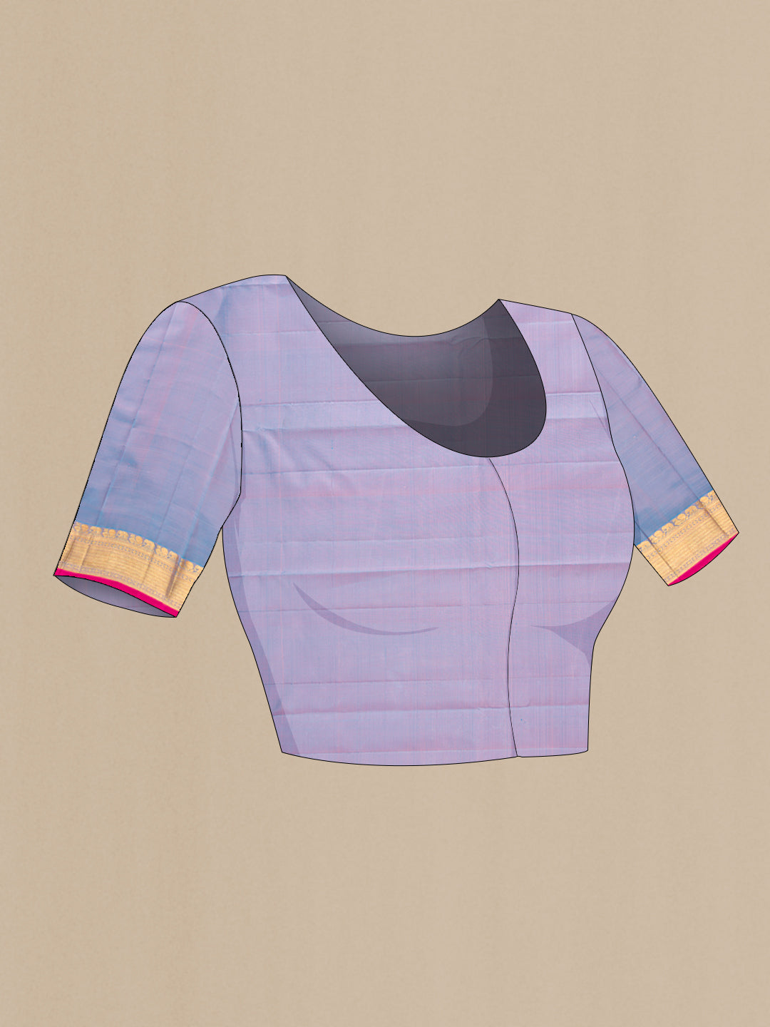 Close up image of the blouse of Pure Silk Pure Zari Pink Dual Tone Kanjivaram Saree with Checked design on the body and Zari Border. 