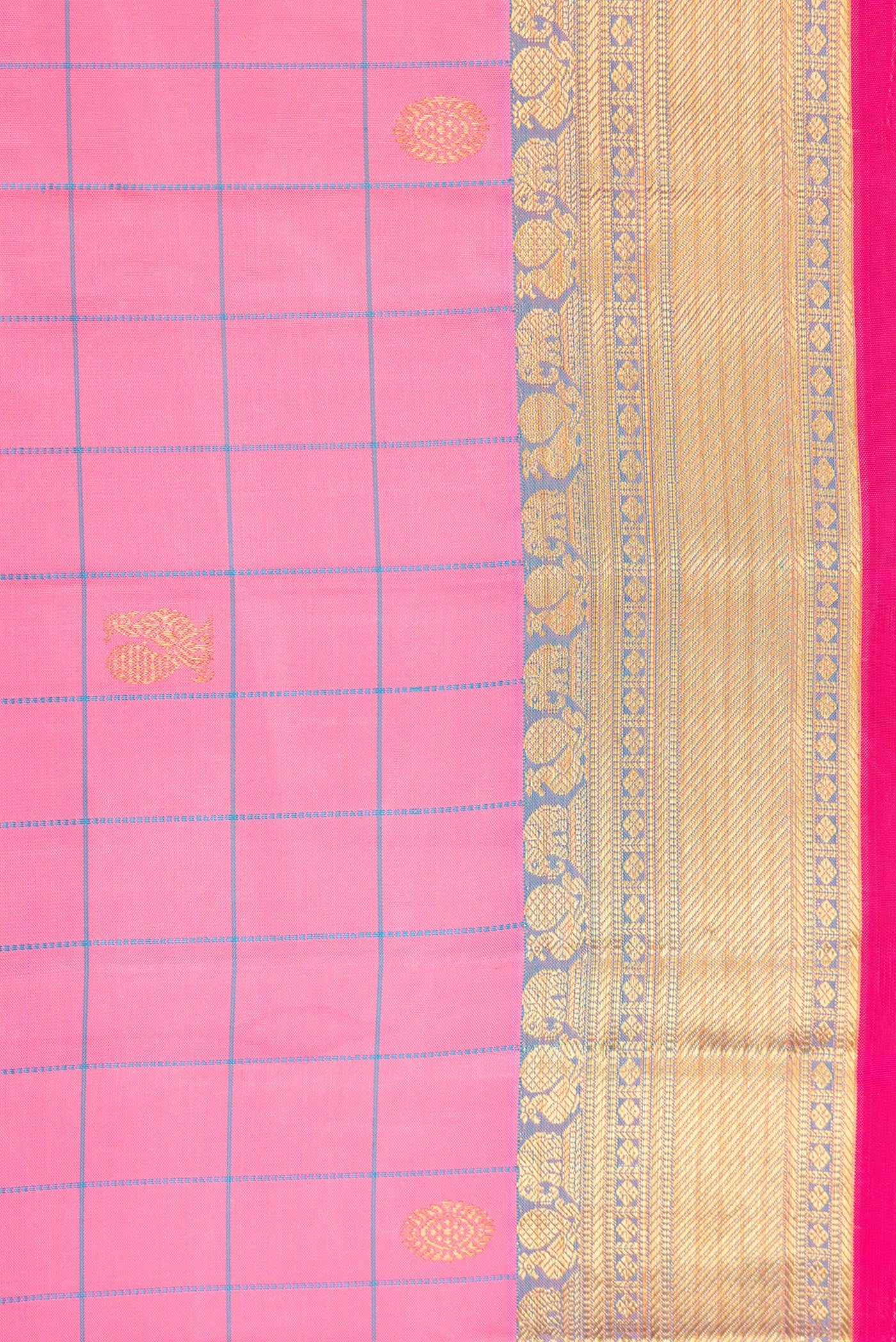 Border image of Pure Silk Pure Zari Pink Dual Tone Kanjivaram Saree with Checked design on the body and Zari Border. 