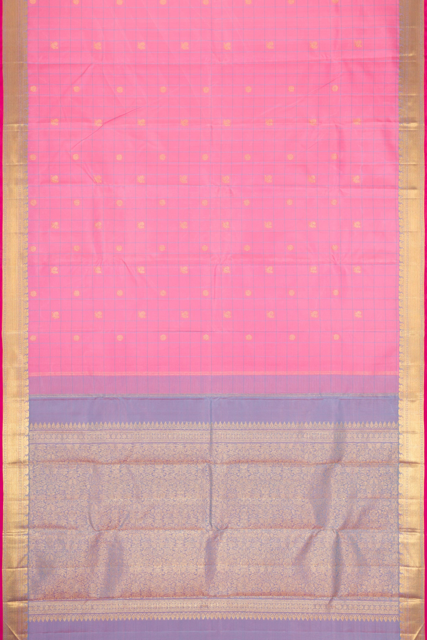 Flat view of Pure Silk Pure Zari Pink Dual Tone Kanjivaram Saree with Checked design on the body and Zari Border. 