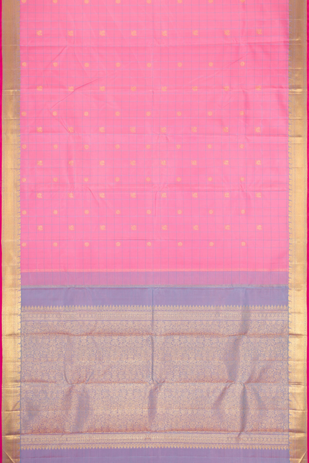 Flat view of Pure Silk Pure Zari Pink Dual Tone Kanjivaram Saree with Checked design on the body and Zari Border. 