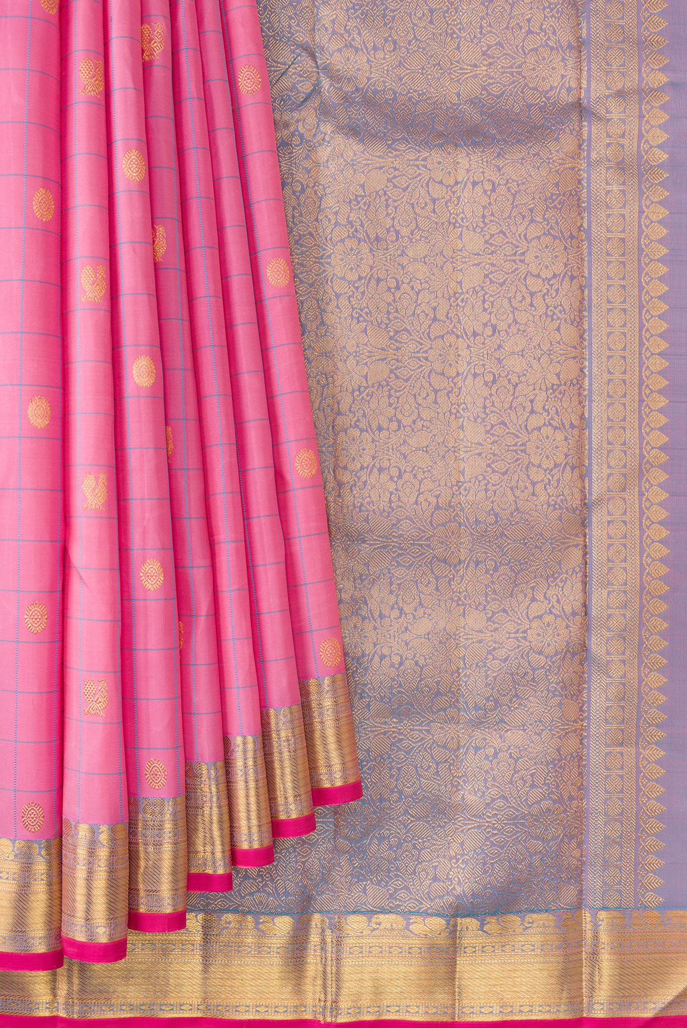 Pleats and pallu of Pure Silk Pure Zari Pink Dual Tone Kanjivaram Saree with Checked design on the body and Zari Border. 