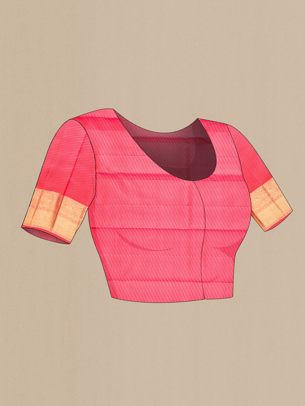 Close up image of the blouse of Pure Silk Pure Zari Coral Dual Tone Kanjivaram Saree with Zari Brocade on the body and Zari Border. 