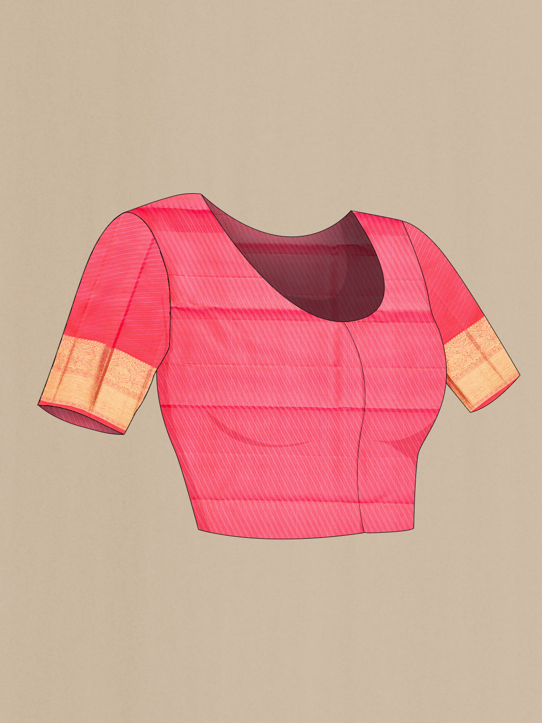 Close up image of the blouse of Pure Silk Pure Zari Coral Dual Tone Kanjivaram Saree with Zari Brocade on the body and Zari Border. 