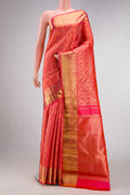 Pure Silk Pure Zari Coral Dual Tone Kanjivaram Saree with Zari Brocade on the body and Zari Border.  displayed on a mannequin