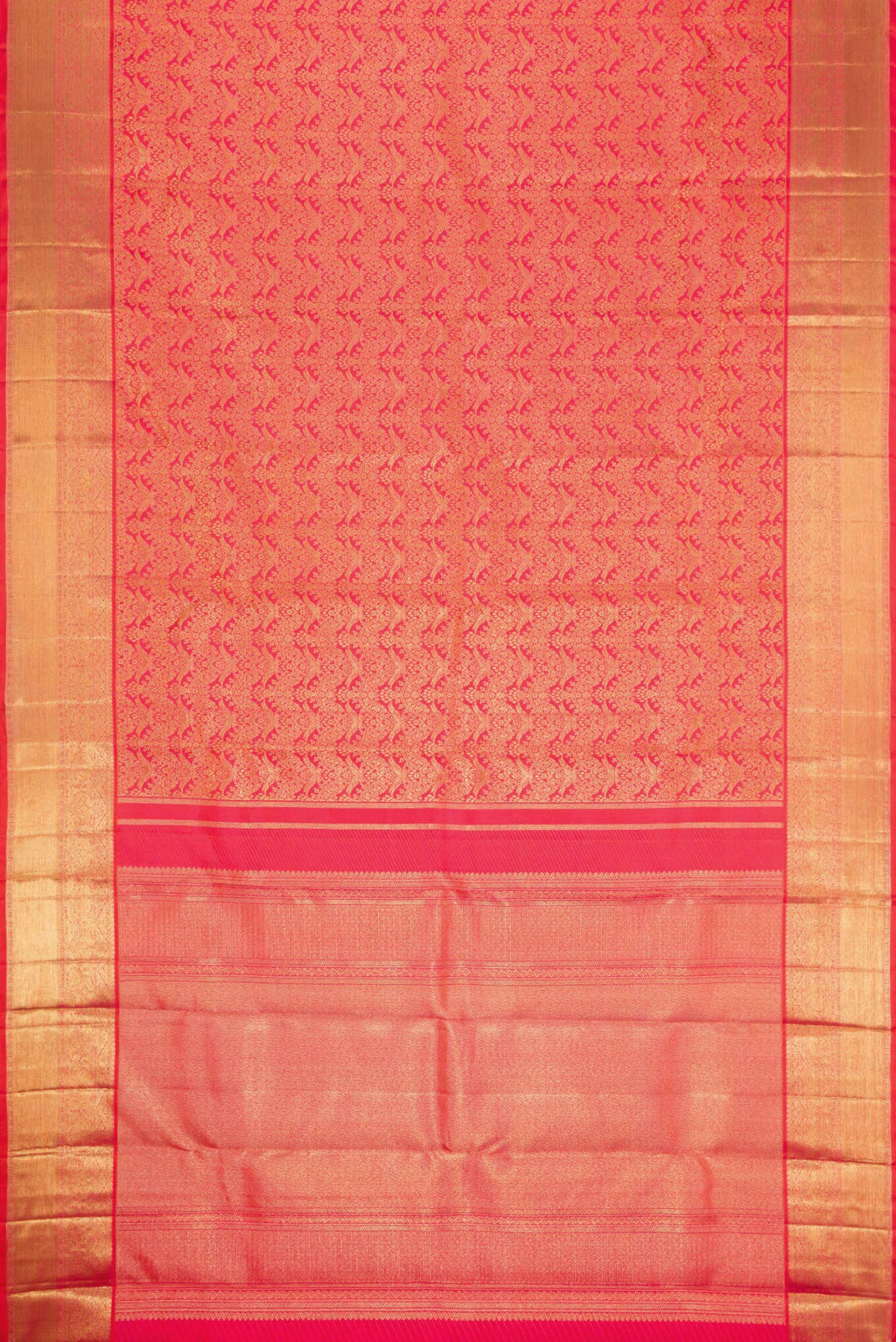 Flat view of Pure Silk Pure Zari Coral Dual Tone Kanjivaram Saree with Zari Brocade on the body and Zari Border. 