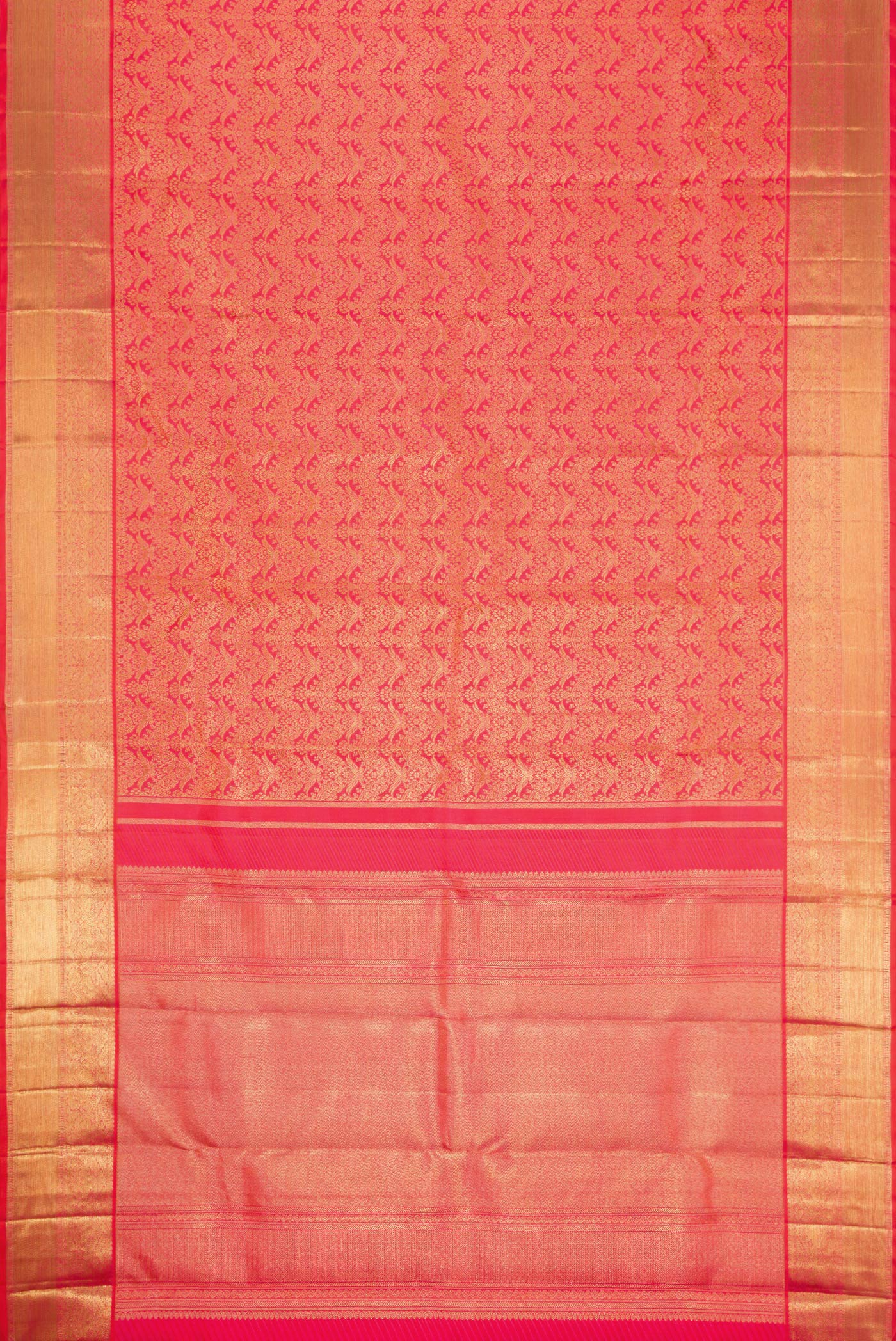 Flat view of Pure Silk Pure Zari Coral Dual Tone Kanjivaram Saree with Zari Brocade on the body and Zari Border. 