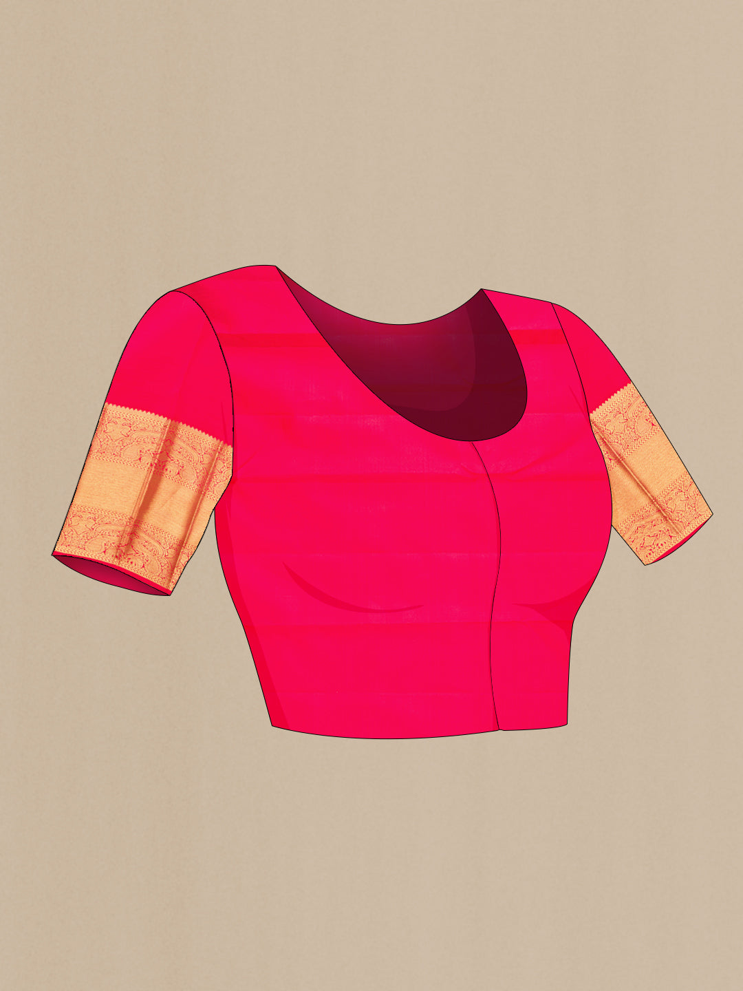 Close up image of the blouse of Pure Silk Pure Zari Red Dual Tone Kanjivaram Saree with Zari Brocade on the body and Zari Border. 