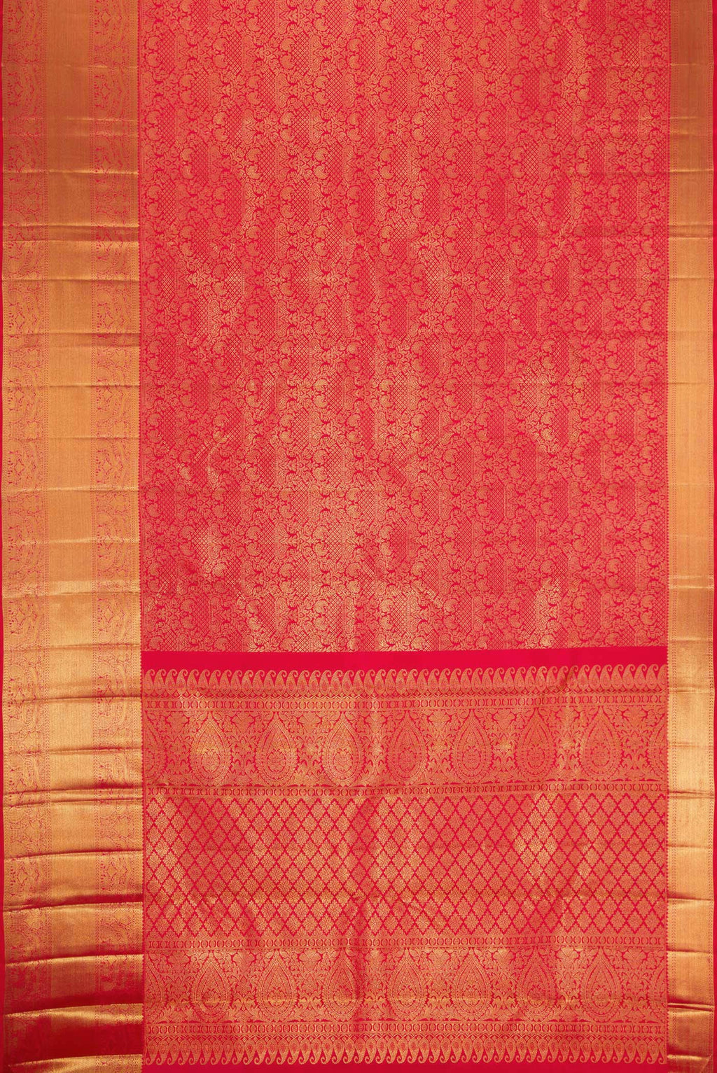 Flat view of Pure Silk Pure Zari Red Dual Tone Kanjivaram Saree with Zari Brocade on the body and Zari Border. 