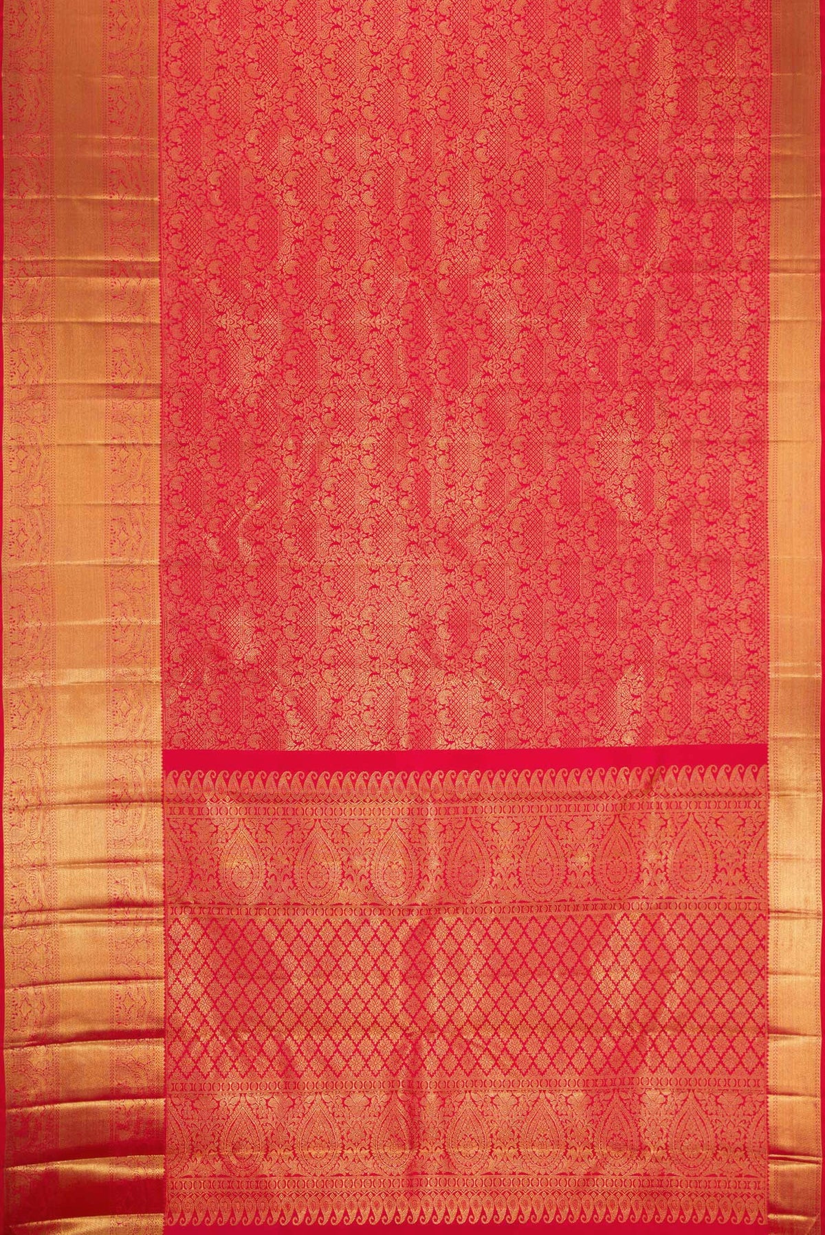 Flat view of Pure Silk Pure Zari Red Dual Tone Kanjivaram Saree with Zari Brocade on the body and Zari Border. 