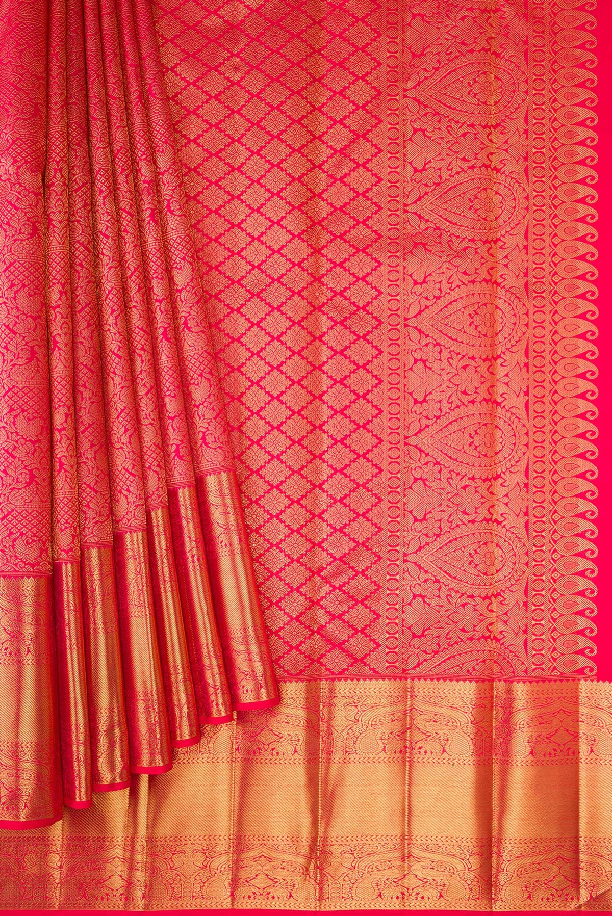 Pleats and pallu of Pure Silk Pure Zari Red Dual Tone Kanjivaram Saree with Zari Brocade on the body and Zari Border. 