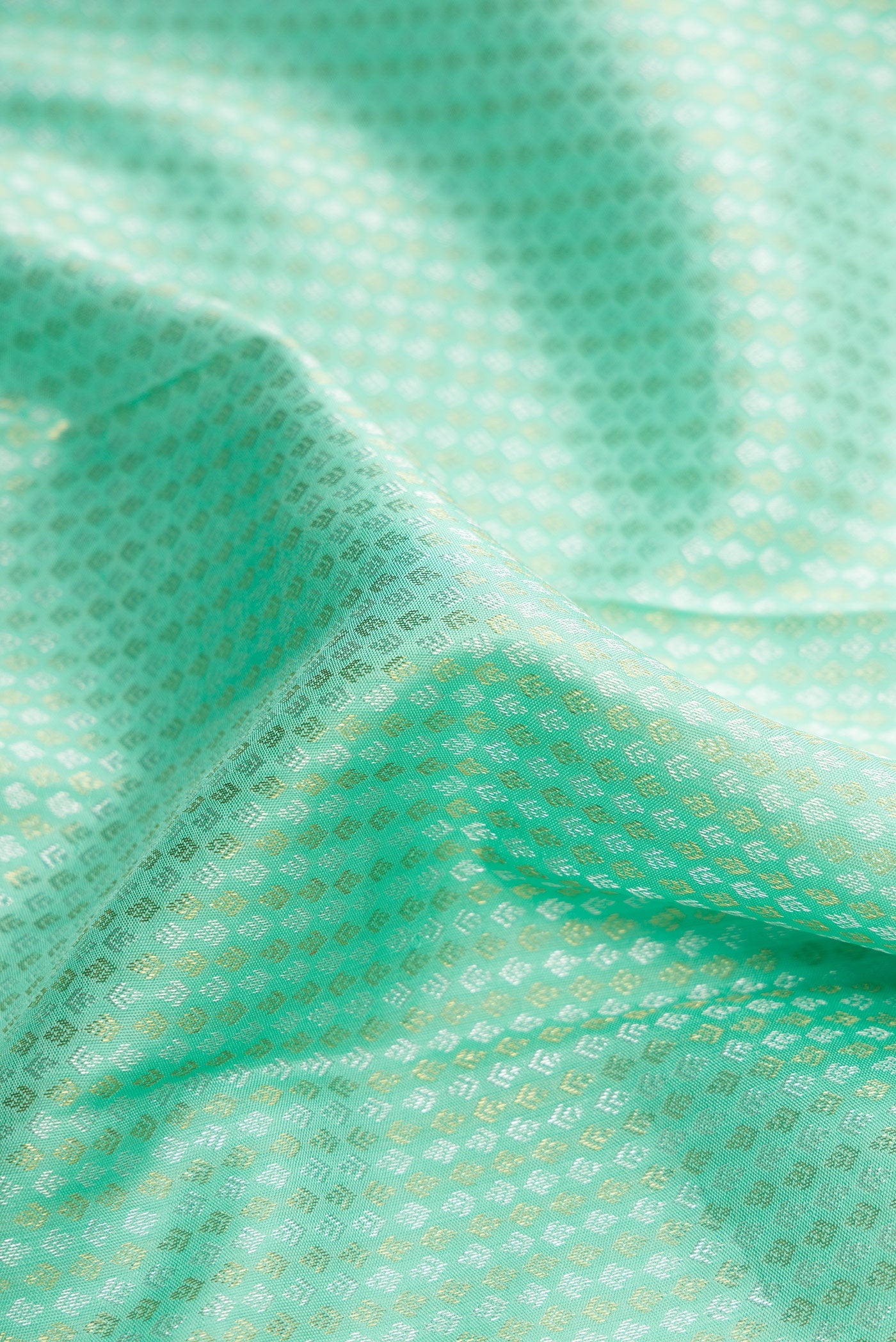 Close up of Light Green Dual Tone Kanjivaram Silk Saree with Zari Brocade on the body and Zari Border.  displaying folds