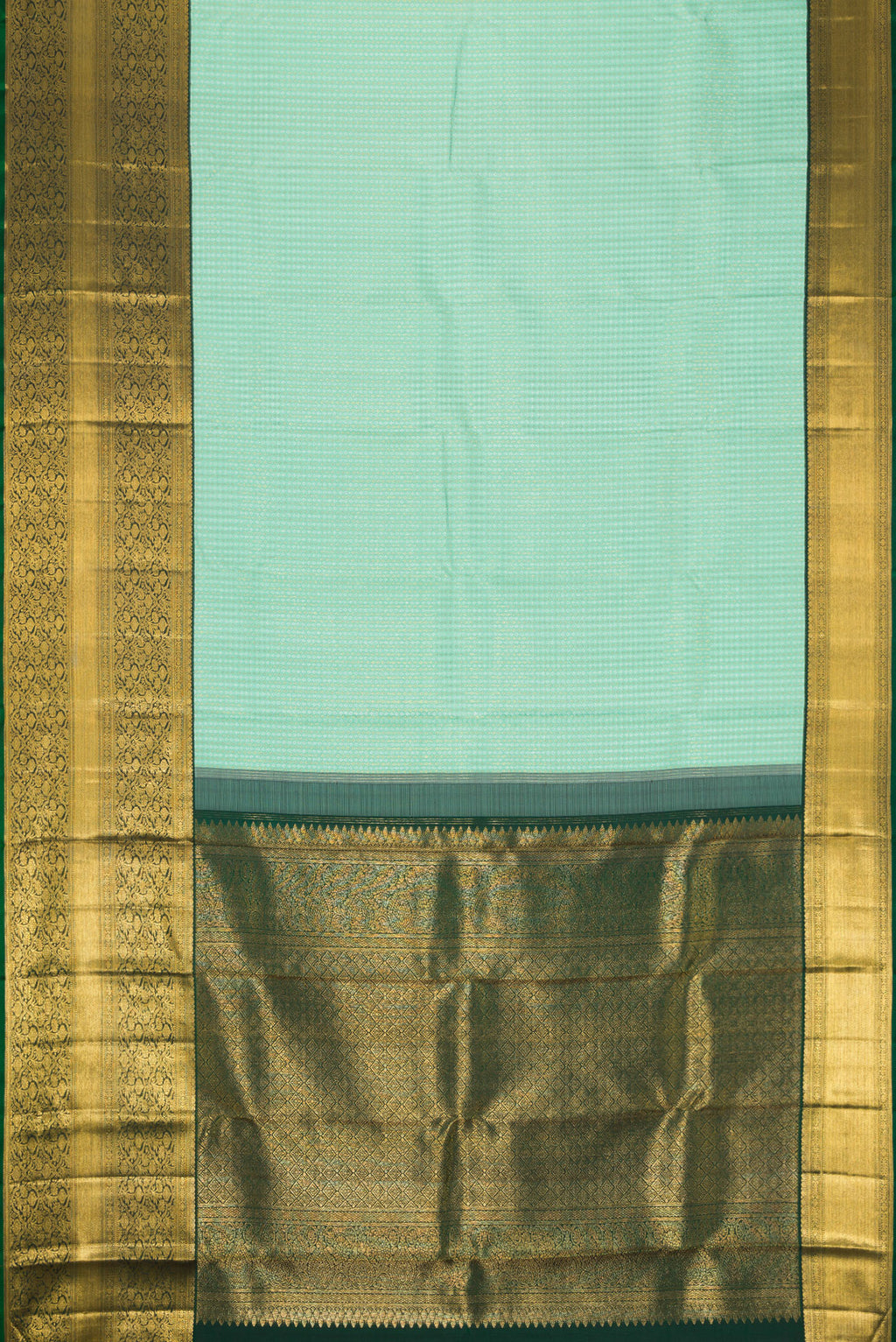 Flat view of Light Green Dual Tone Kanjivaram Silk Saree with Zari Brocade on the body and Zari Border. 