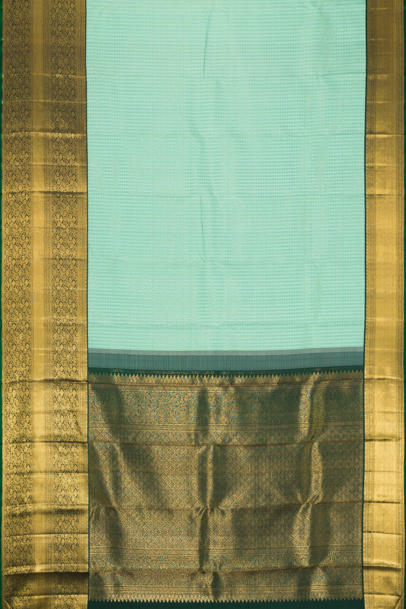 Flat view of Light Green Dual Tone Kanjivaram Silk Saree with Zari Brocade on the body and Zari Border. 