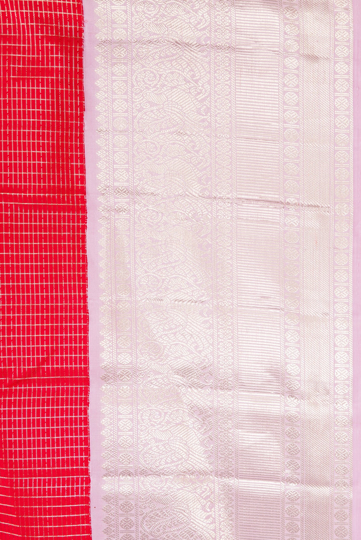 Border image of Red Dual Tone Kanchipuram Silk Saree with Checked design on the body and Zari Border. 