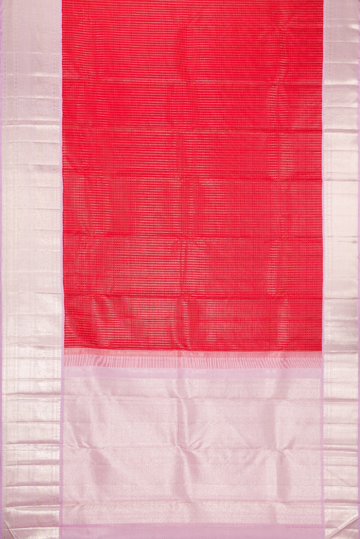Flat view of Red Dual Tone Kanchipuram Silk Saree with Checked design on the body and Zari Border. 
