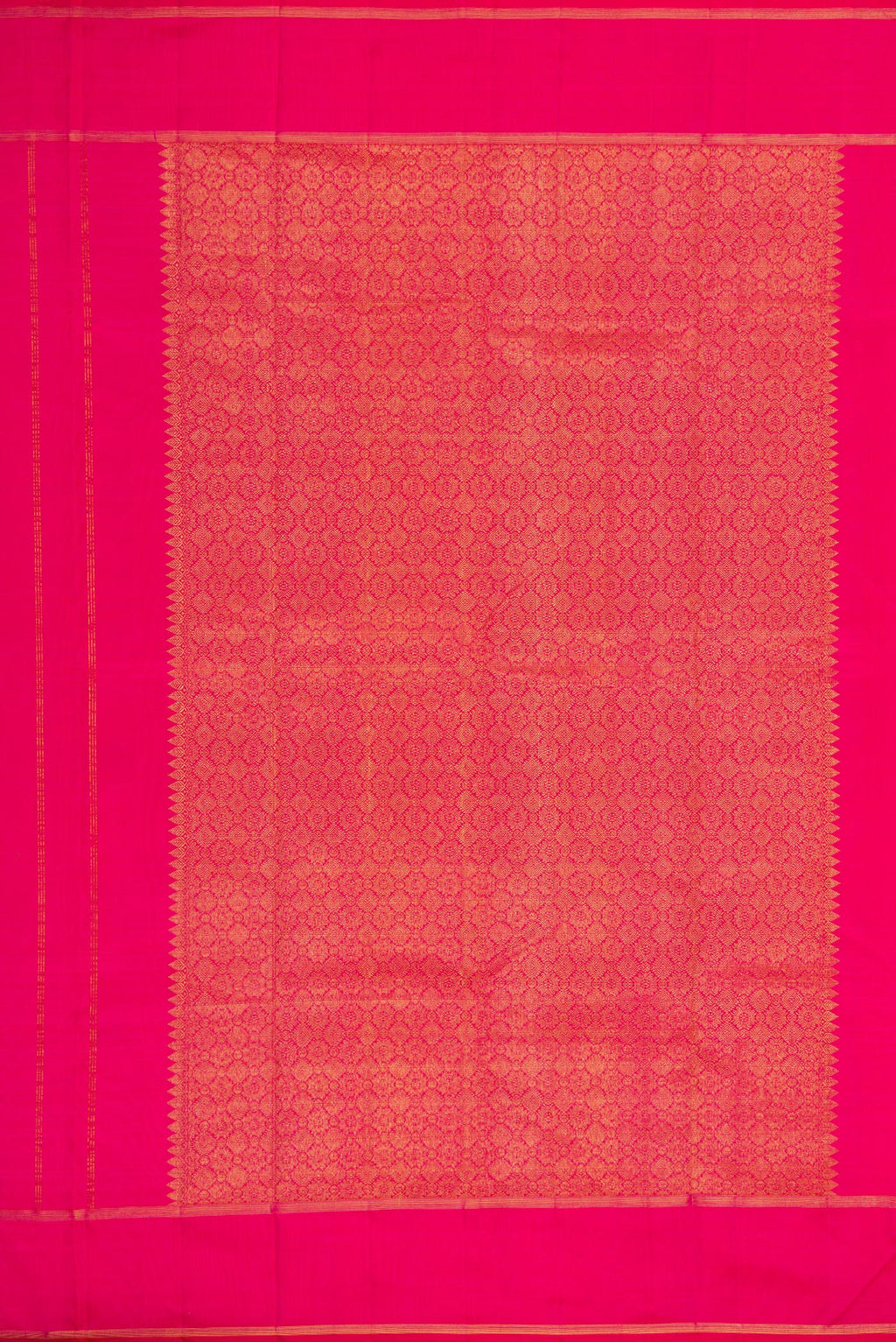 Close up image of the pallu of Pure Silk Pure Zari Pink Dual Tone Kanjivaram Saree with Zari And Thread Butta on the body and Zari Border. 