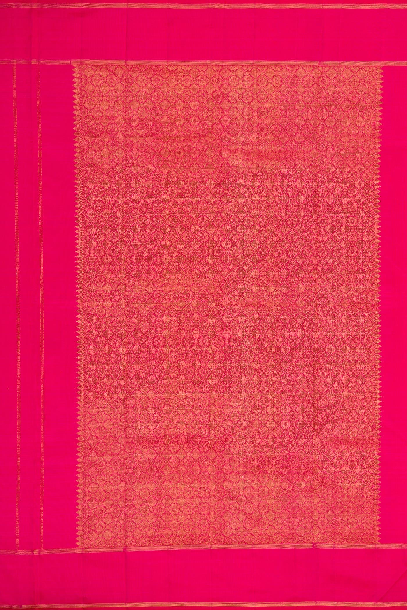 Close up image of the pallu of Pure Silk Pure Zari Pink Dual Tone Kanjivaram Saree with Zari And Thread Butta on the body and Zari Border. 