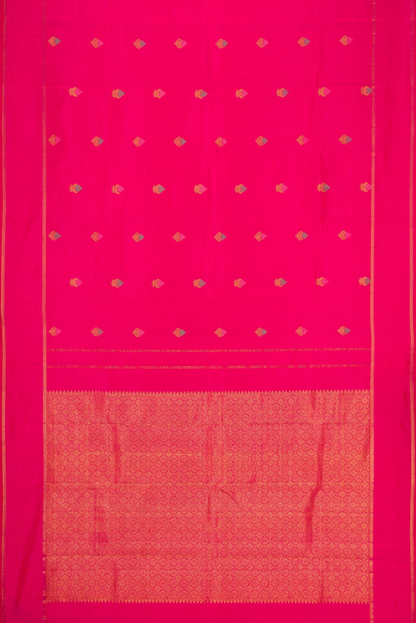 Flat view of Pure Silk Pure Zari Pink Dual Tone Kanjivaram Saree with Zari And Thread Butta on the body and Zari Border. 