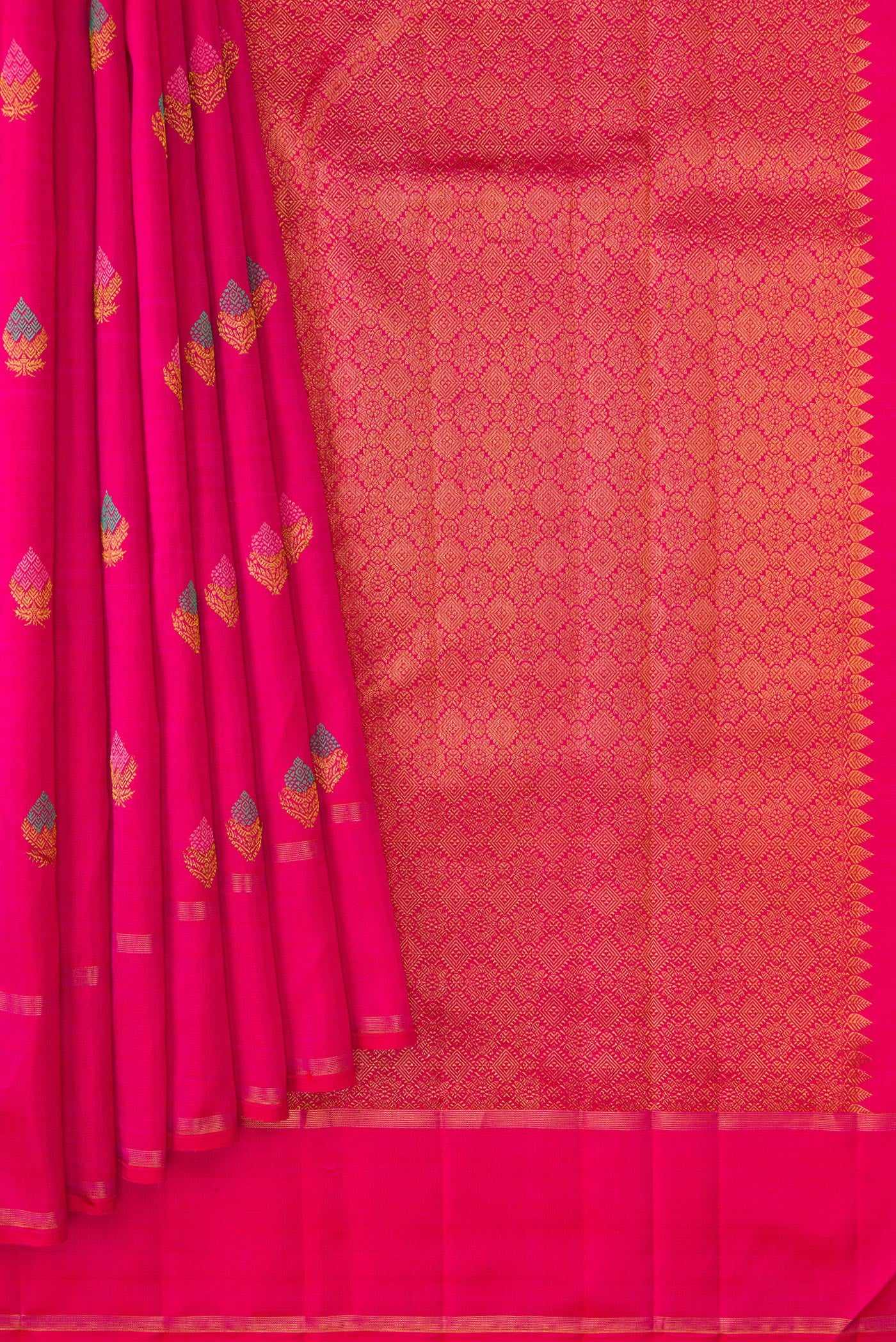 Pleats and pallu of Pure Silk Pure Zari Pink Dual Tone Kanjivaram Saree with Zari And Thread Butta on the body and Zari Border. 