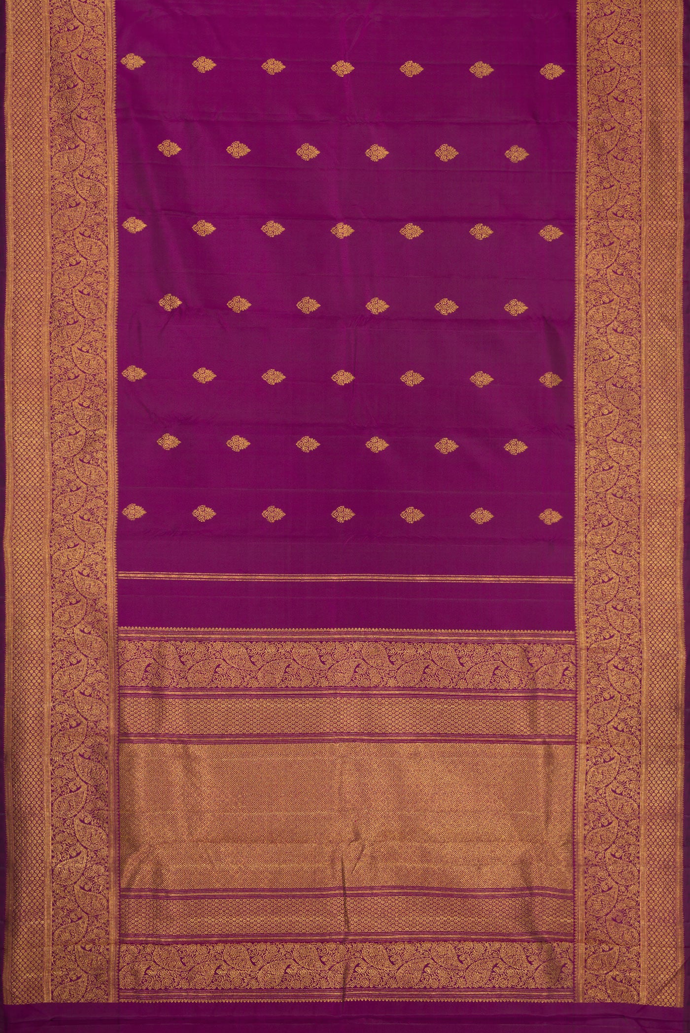Flat view of Purple Dual Tone Kanjivaram Silk Saree with Zari Butta on the body and Zari Border. 