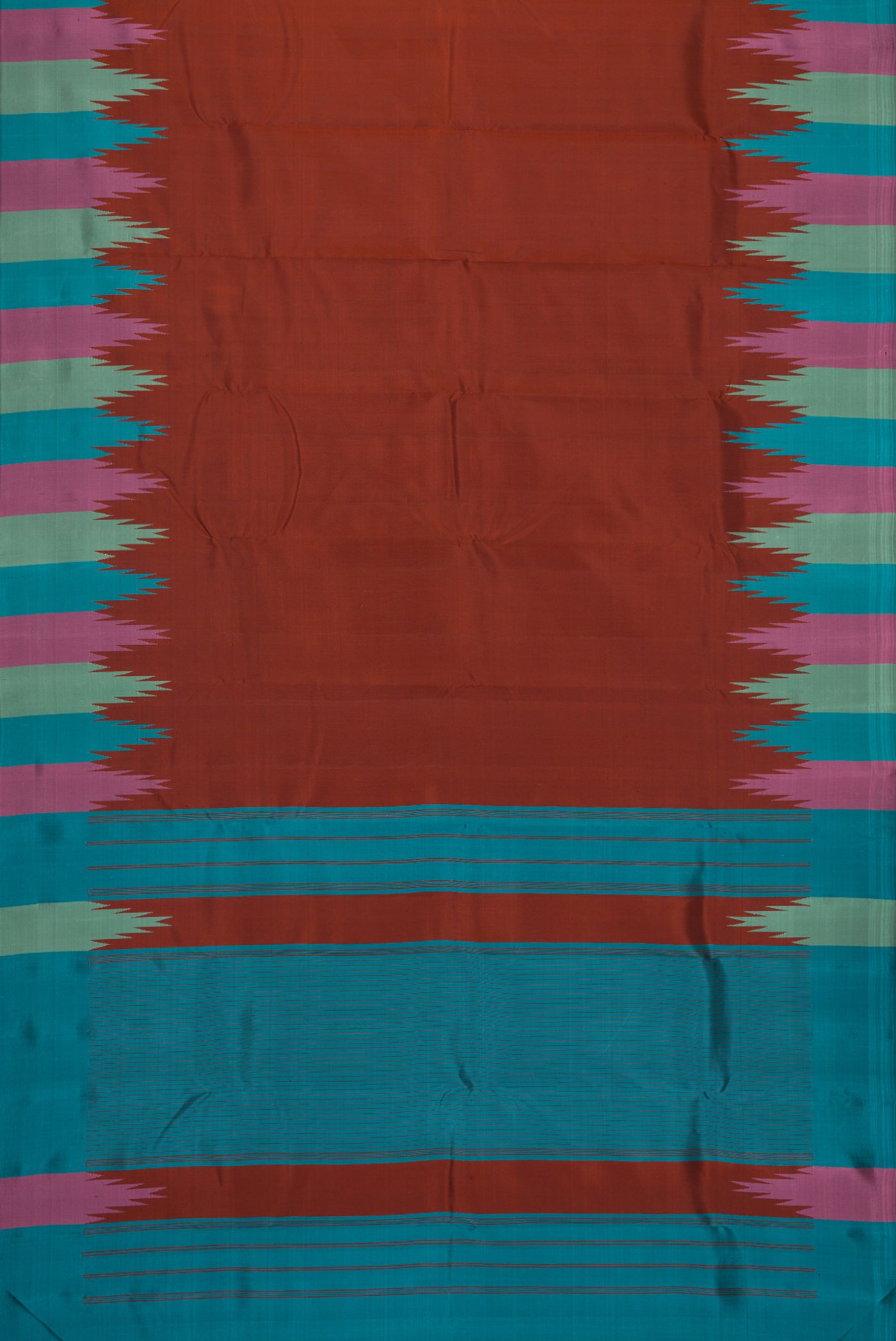 Flat view of Brown Dual Tone Kanchipuram Silk Saree with Plain Body and Temple Border. 