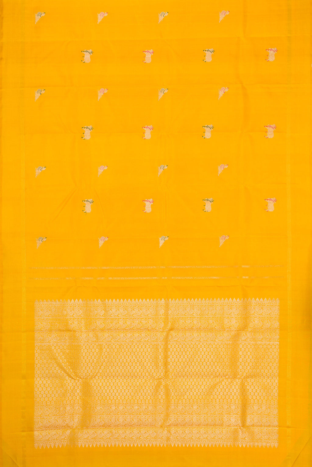 Flat view of Yellow Dual Tone Kanjivaram Silk Saree with Zari And Thread Butta on the body and Thin Zari Line. 