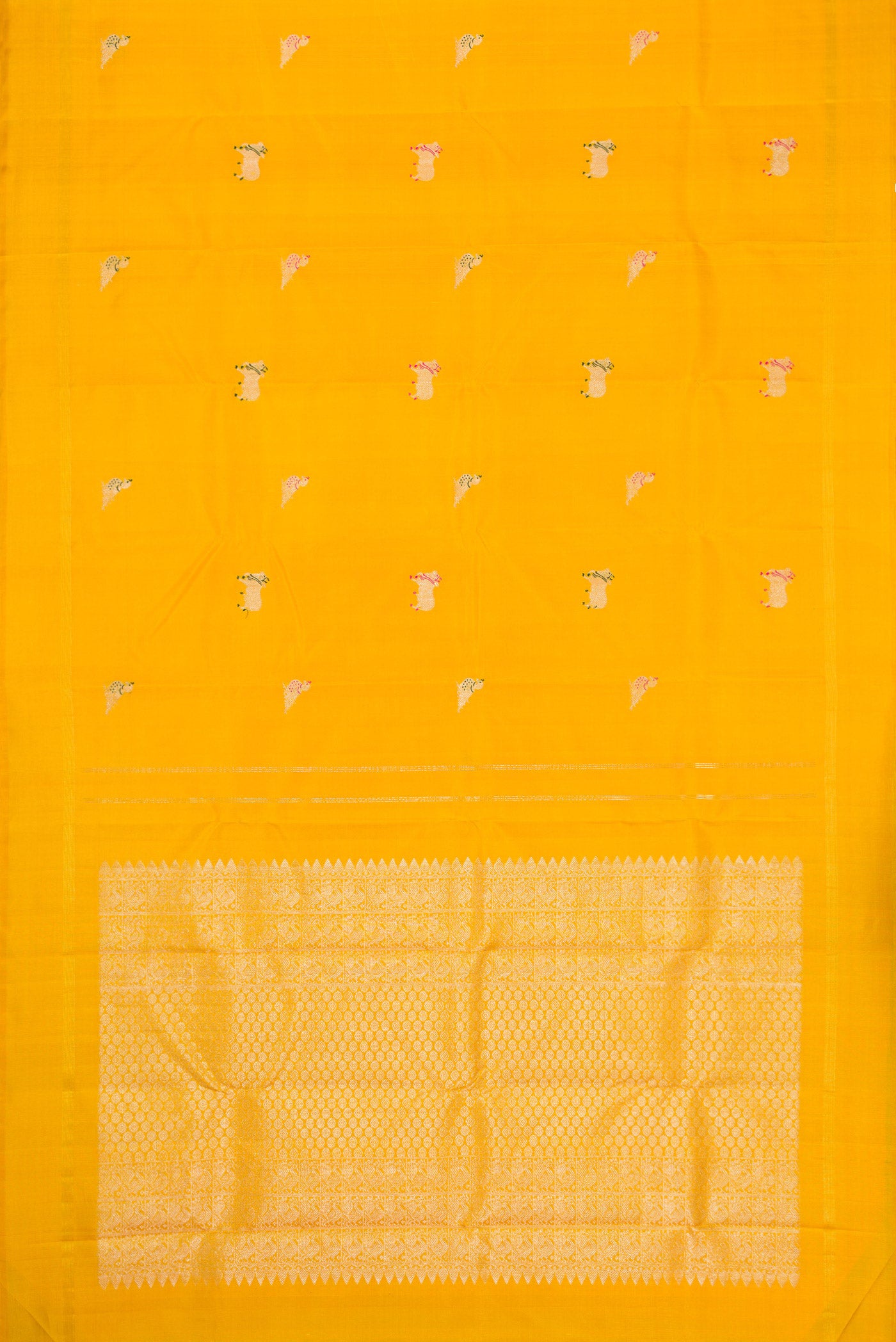 Flat view of Yellow Dual Tone Kanjivaram Silk Saree with Zari And Thread Butta on the body and Thin Zari Line. 