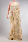 Sandal Dual Tone Kanchipuram Silk Saree with Stripes on the body and Fancy Border.  displayed on a mannequin