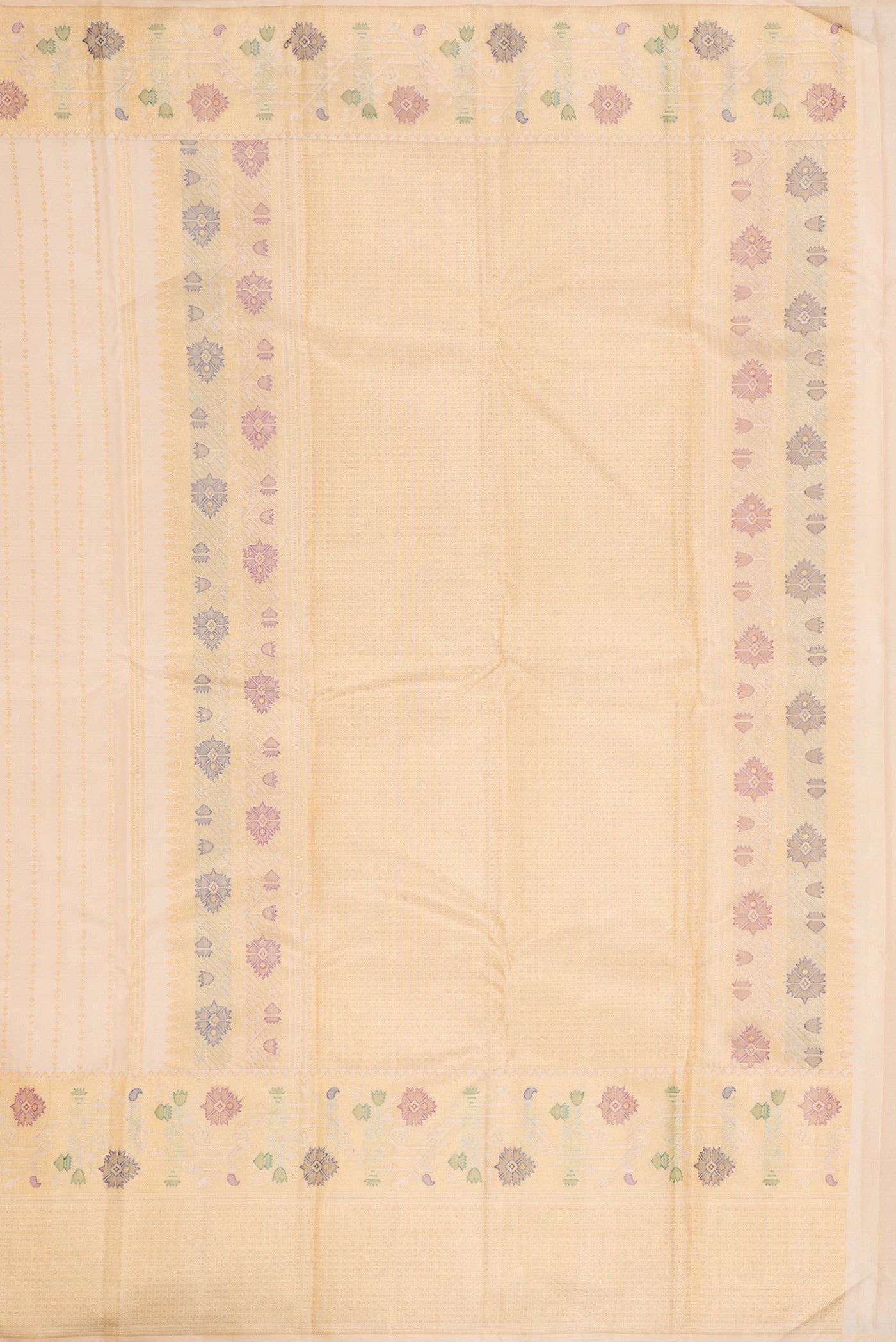 Close up image of the pallu of Sandal Dual Tone Kanchipuram Silk Saree with Stripes on the body and Fancy Border. 