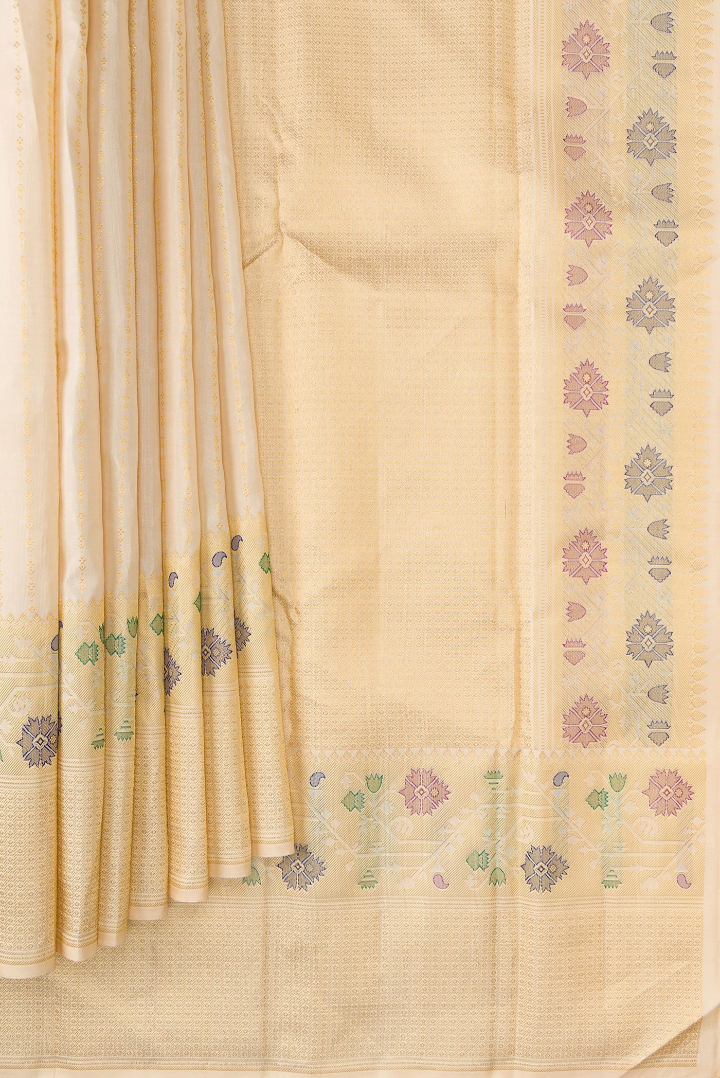 Pleats and pallu of Sandal Dual Tone Kanchipuram Silk Saree with Stripes on the body and Fancy Border. 